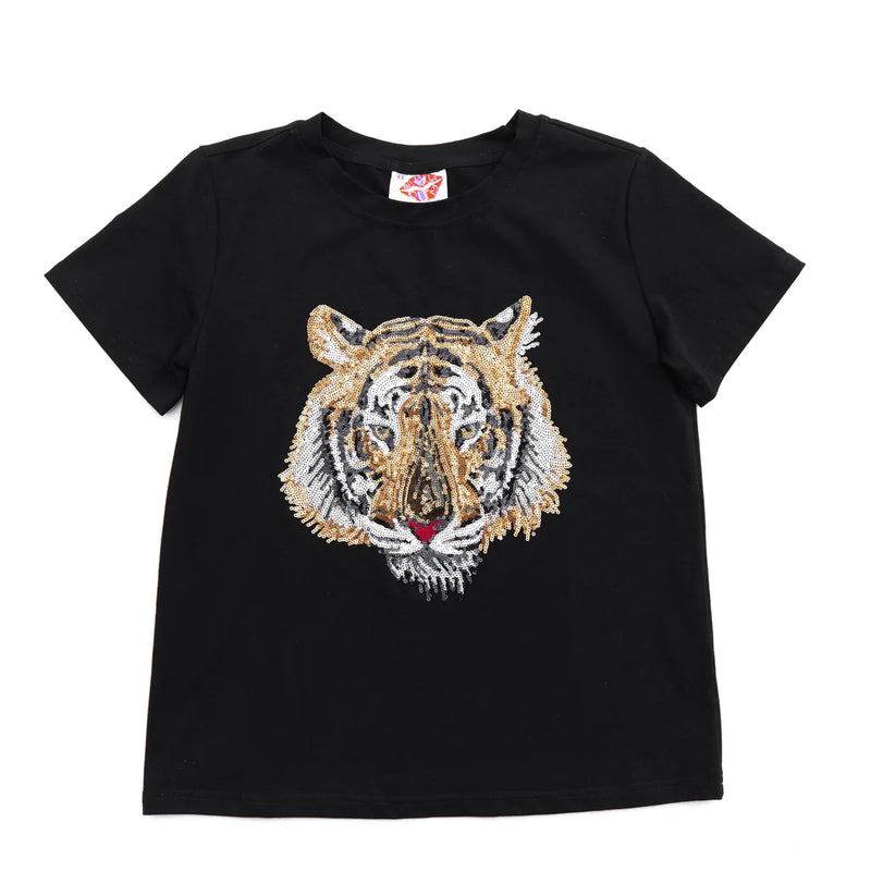 Sequined Sparkle Black Tiger Head Tee--Lemons and Limes Boutique