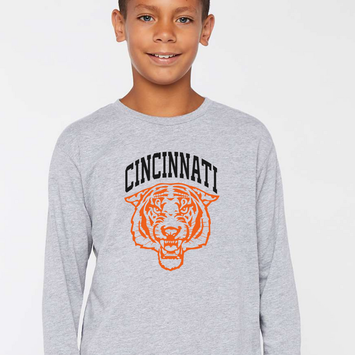 Cincinnati Tiger Long Sleeve T-Shirt Athletic Grey- Youth--Lemons and Limes Boutique