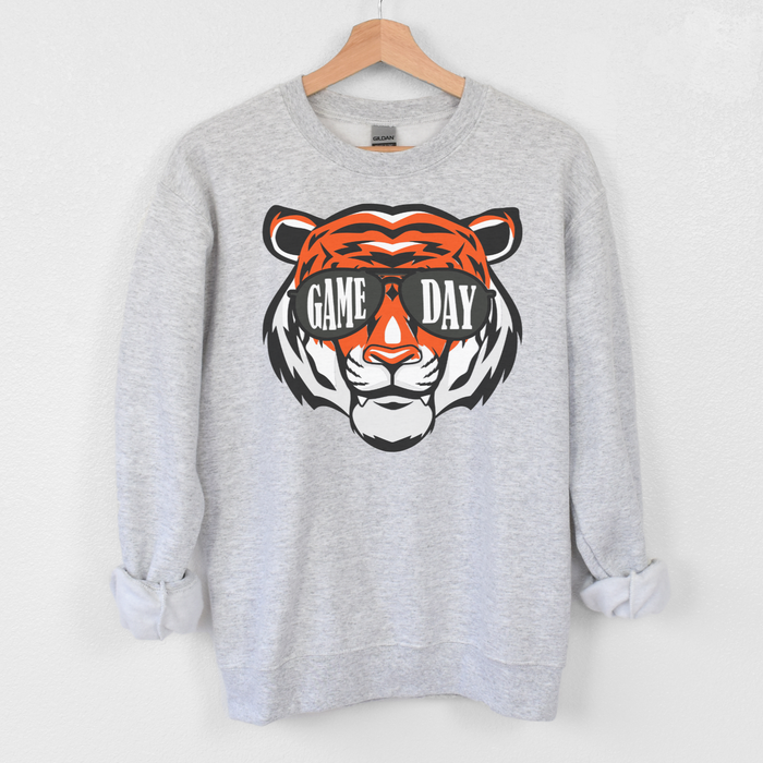 Game Day Tiger with Sunglasses Sweatshirt on Grey-Lemons and Limes Boutique
