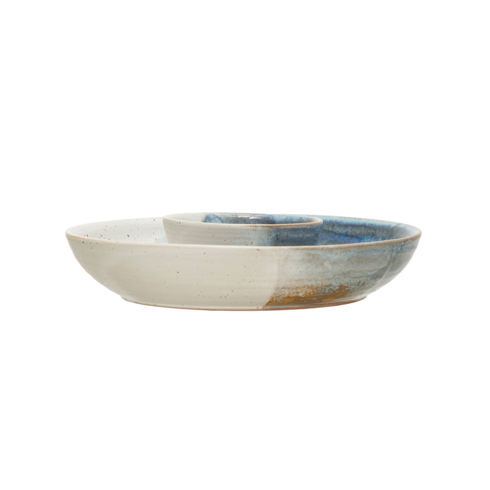 Hand-Painted Stoneware Chip & Dip, Reactive Glaze, Cream Color & Blue-Decor-Lemons and Limes Boutique