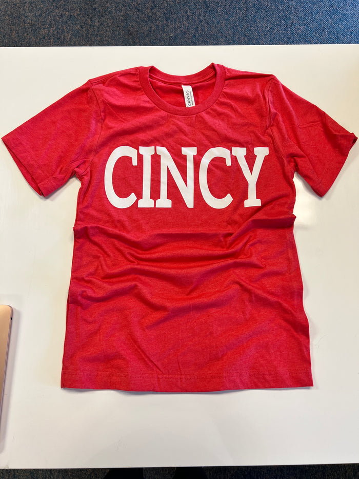 Cincy White Block T-Shirt on Heathered Red--Lemons and Limes Boutique