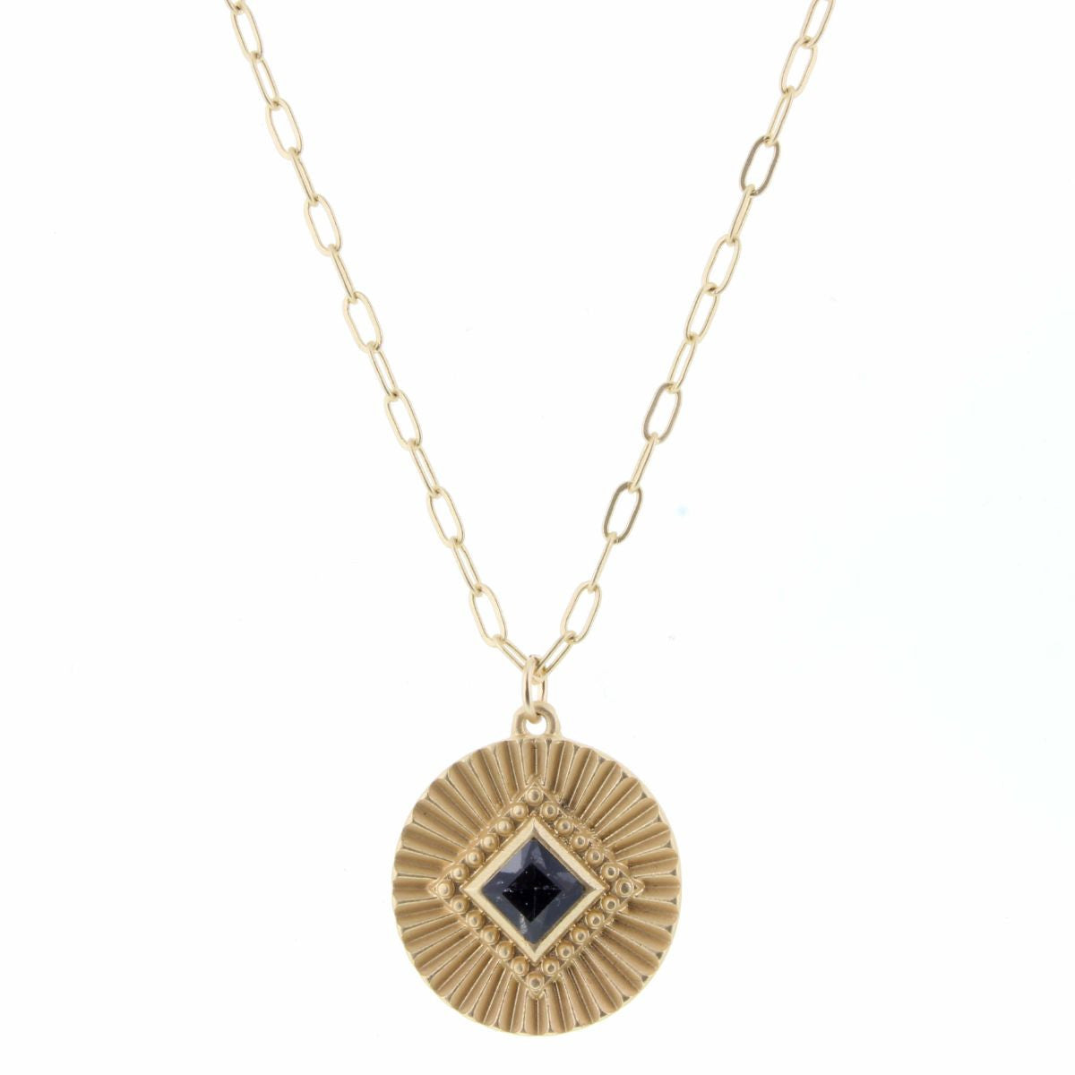 Eliana Necklace - 18-24" Gold Chain with Textured Disk & Black Diamond Center Charm-Necklace-Lemons and Limes Boutique