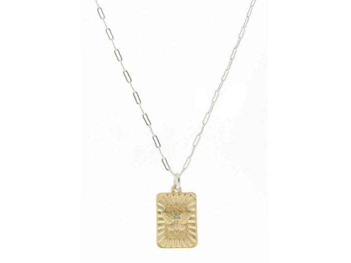 Gold Textured Rectangle with Butterfly and Clear Crystal Center Necklace-Lemons and Limes Boutique