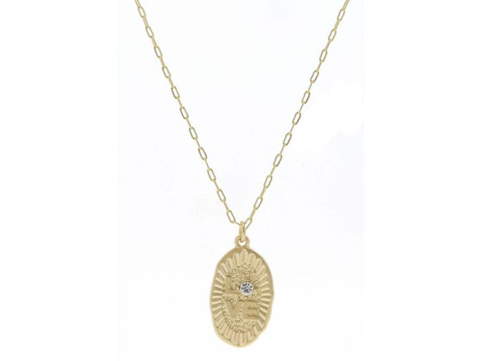 Gold Textured Oval with "LOVE" and Crystal Center Necklace-Lemons and Limes Boutique