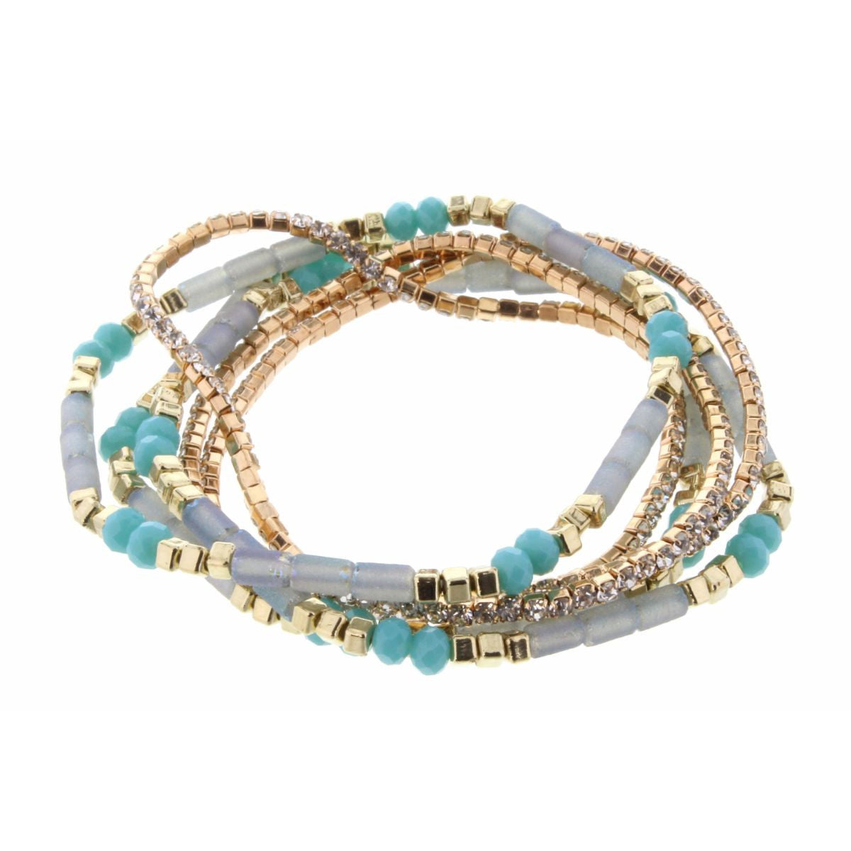 Adalynn Bracelet - Gold & Aqua & Blue Beaded Stretch, Set of 6-Bracelet-Lemons and Limes Boutique