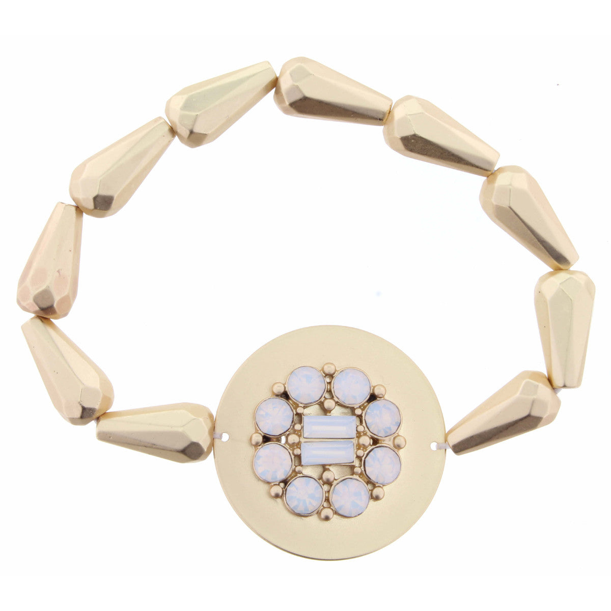 Daphne Bracelet - Gold Disc with Moon Stone Circle and Square Rhinestones on Gold Beads-Bracelet-Lemons and Limes Boutique