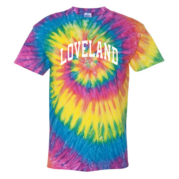Loveland Curve T-Shirt on Rainbow Tie Dye-Graphic Tee-Lemons and Limes Boutique