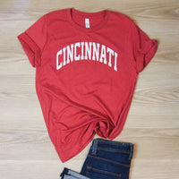 Cincinnati Block Curve T-Shirt on Heathered Red--Lemons and Limes Boutique