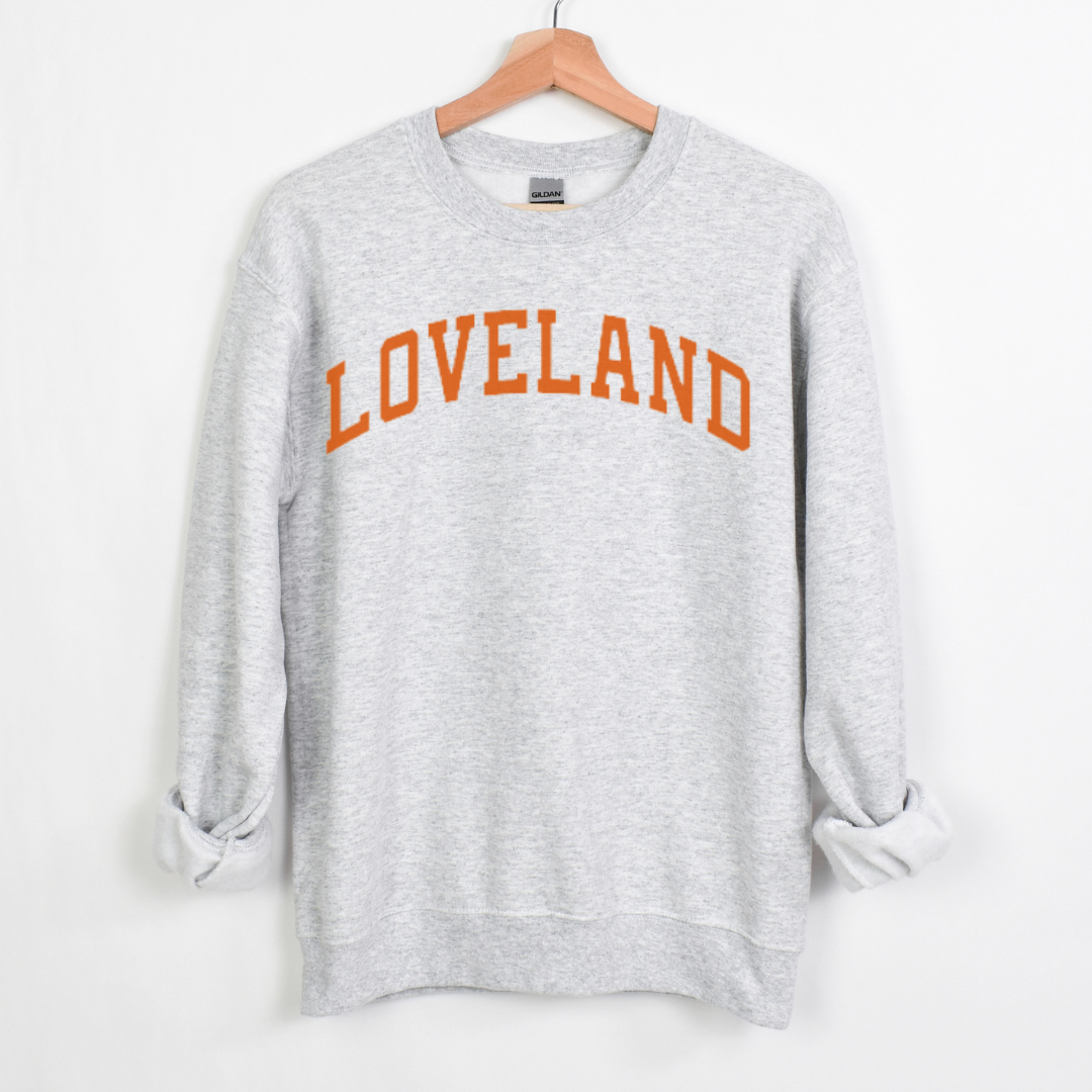 Loveland Curved Sweatshirt on Light Gray--Lemons and Limes Boutique