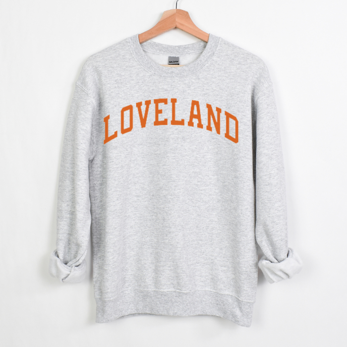 Loveland Curved Sweatshirt on Light Gray--Lemons and Limes Boutique