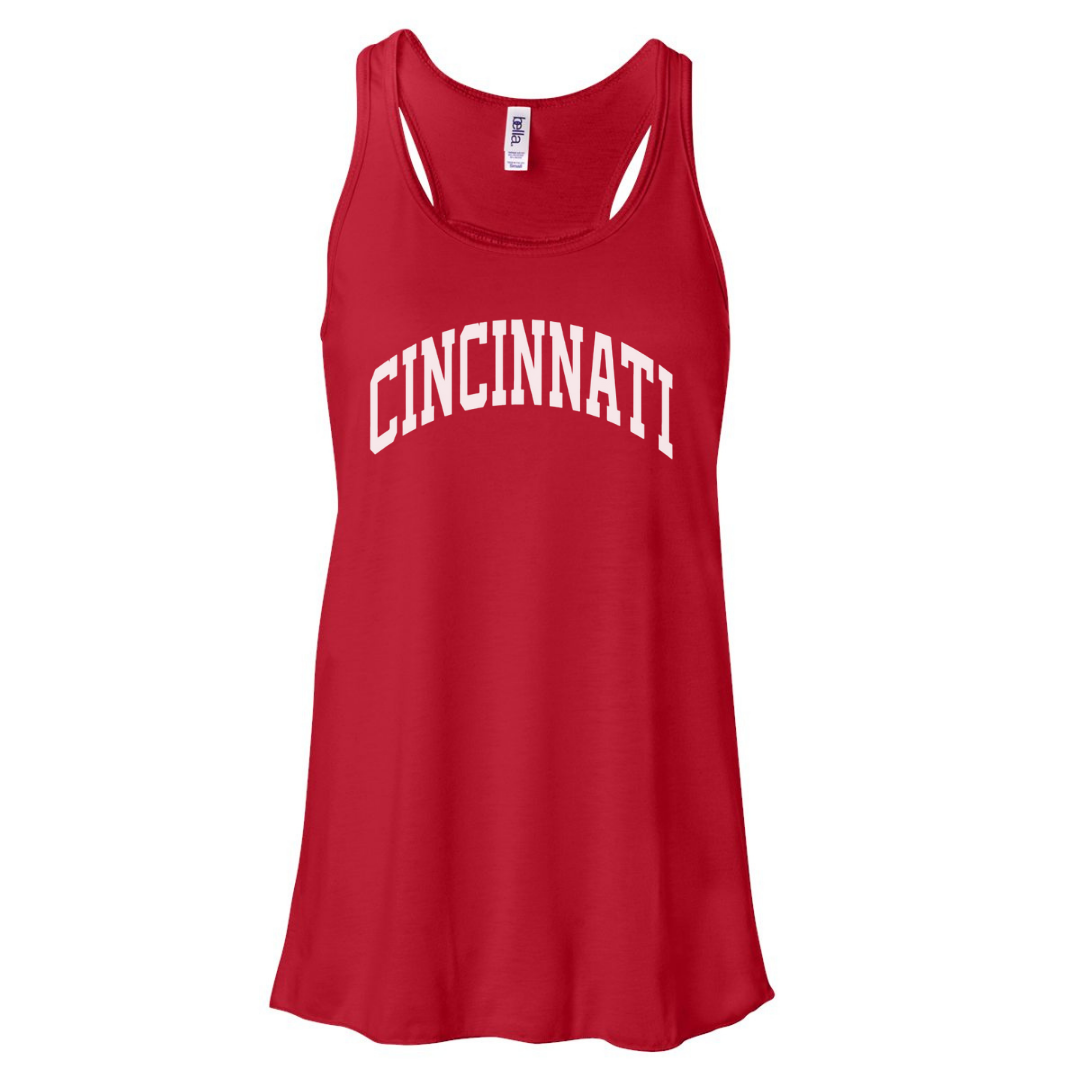 Cincinnati Curved Tank Top on Red--Lemons and Limes Boutique