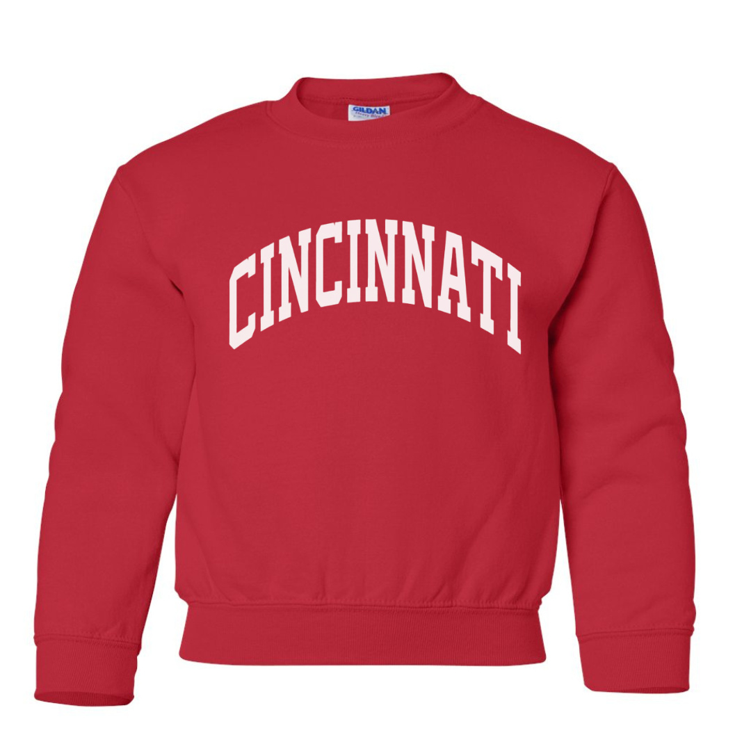 Cincinnati Curve Sweatshirt on Red - YOUTH--Lemons and Limes Boutique
