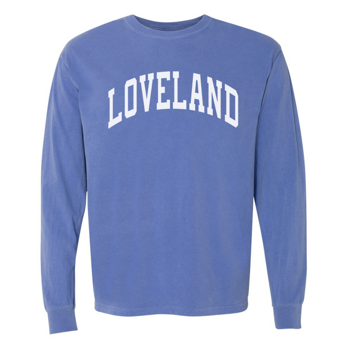 Curved Loveland Comfort Wash Long Sleeve T-Shirt on Periwinkle--Lemons and Limes Boutique
