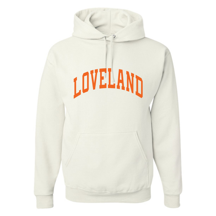 Loveland Curved Orange Hoodie on White--Lemons and Limes Boutique
