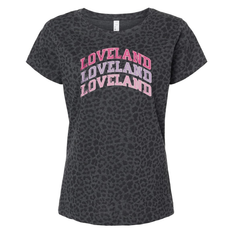 Loveland Tri Curved T-Shirt on Black Cheetah Print--Lemons and Limes Boutique