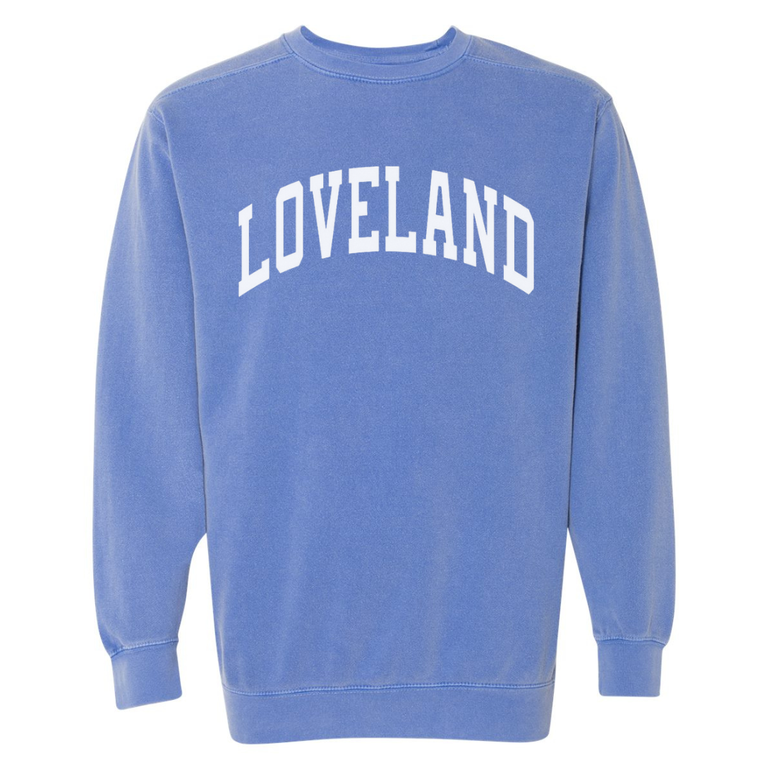 Loveland Curved Sweatshirt on Wisteria-Lemons and Limes Boutique