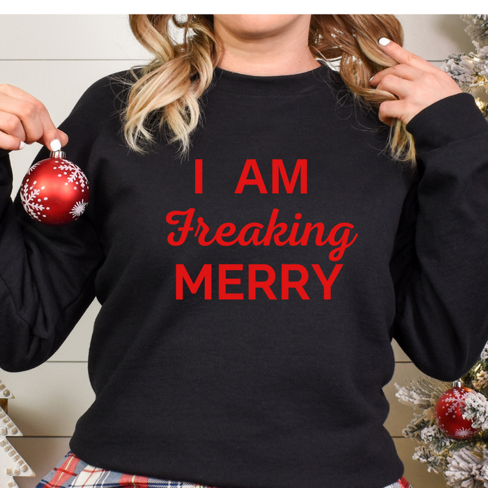 (retired design) I Am Freaking Merry Sweatshirt on Black-Lemons and Limes Boutique