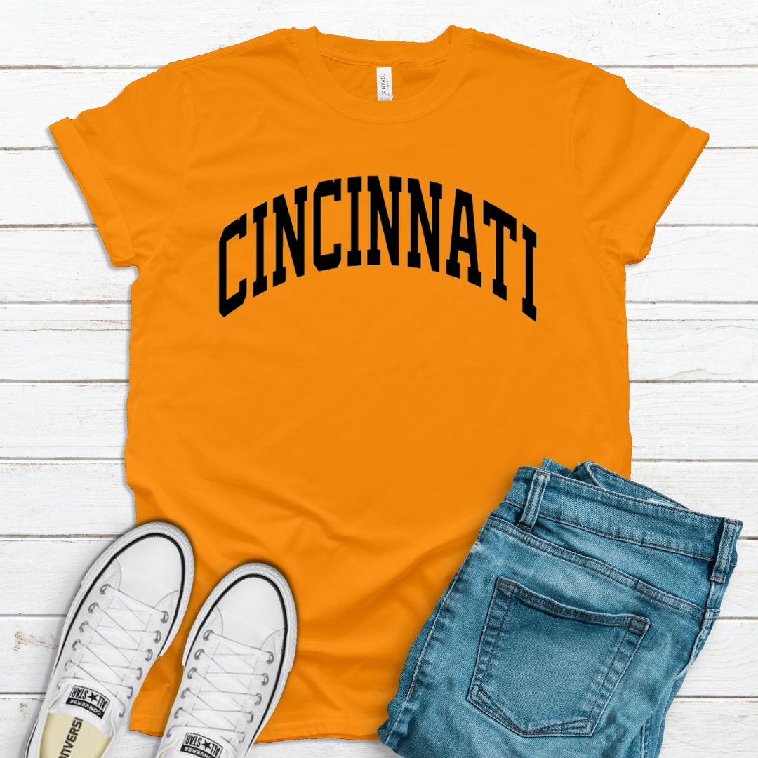 Cincinnati Black Curve T-Shirt on Orange--Lemons and Limes Boutique