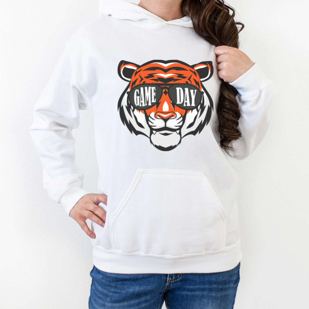 Game Day Tiger Face Hoodie on White--Lemons and Limes Boutique