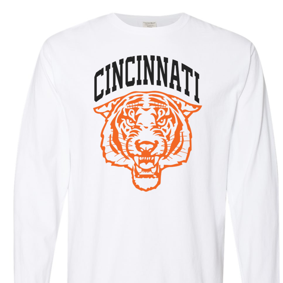Cincinnati Tiger Black and Orange Long Sleeve T-Shirt on White--Lemons and Limes Boutique