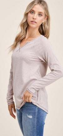 Kylee Split Neck Top in Taupe-Apparel-Lemons and Limes Boutique
