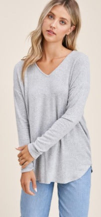 Sara V-neck Brushed Knit Top in Light Grey-Apparel-Lemons and Limes Boutique