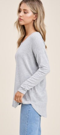 Sara V-neck Brushed Knit Top in Light Grey-Apparel-Lemons and Limes Boutique
