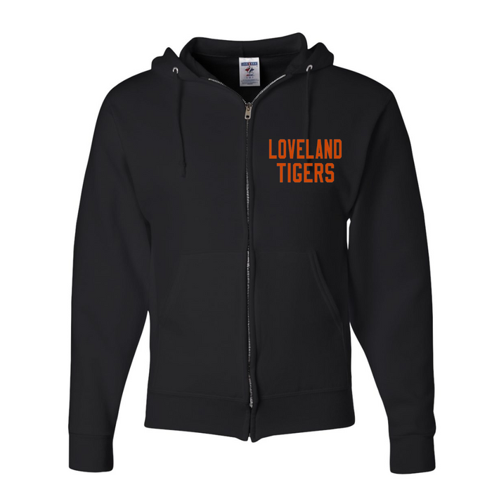 Loveland Tigers Hooded Full Zip Sweatshirt on Black-Lemons and Limes Boutique