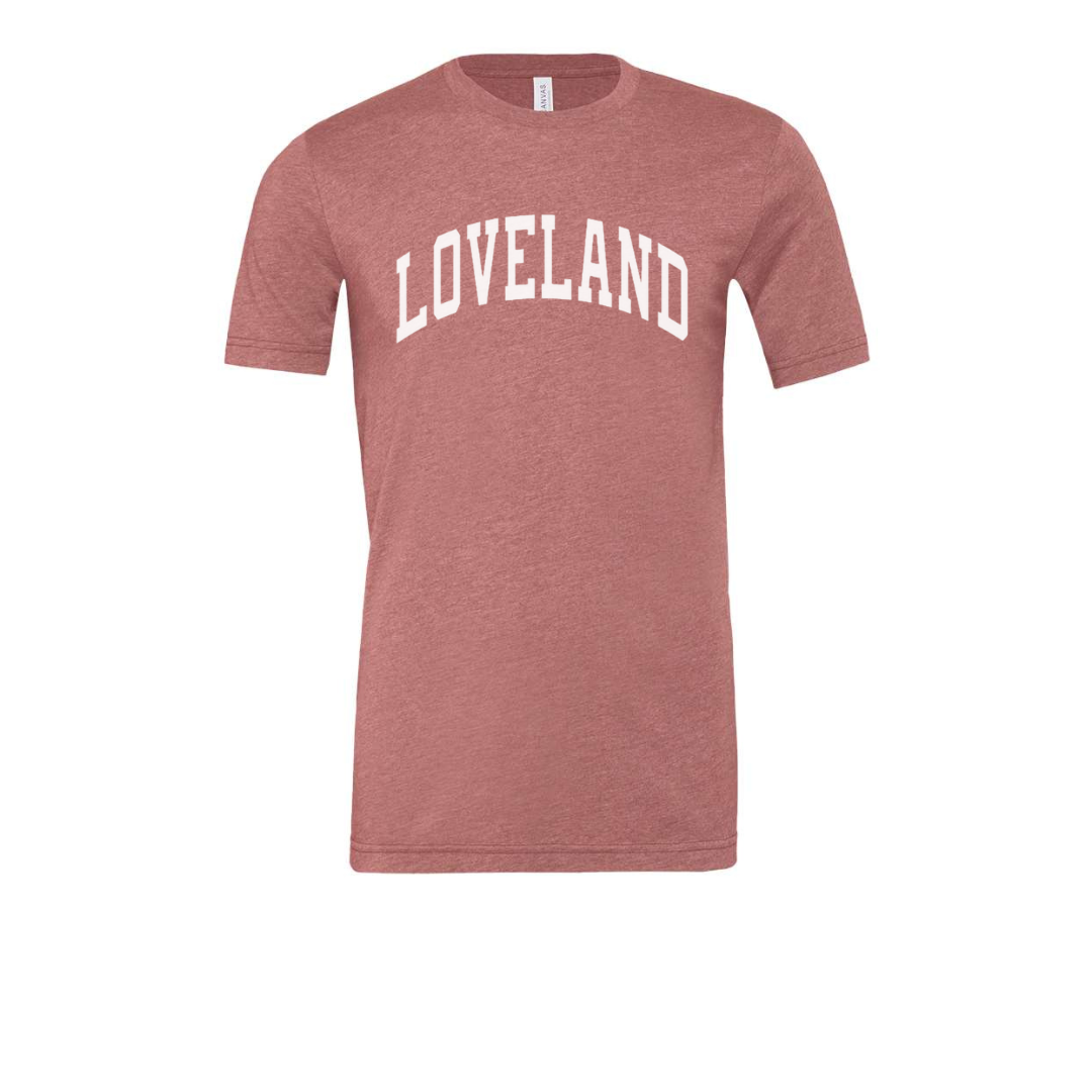 Loveland Curved Block Classic Tee on Mauve--Lemons and Limes Boutique