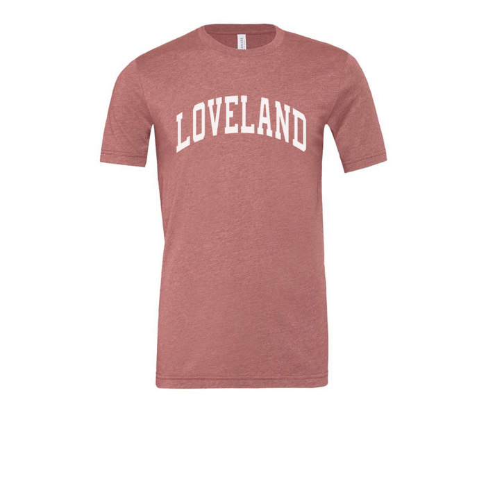 Loveland Curved Block Classic Tee on Mauve-Lemons and Limes Boutique