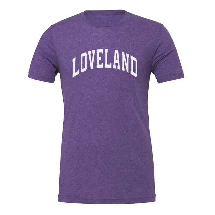 Loveland Curved Block Classic Tee on Heather Purple--Lemons and Limes Boutique