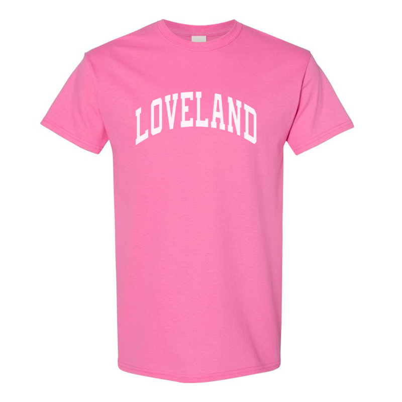 Loveland Curved Block Classic Tee on Pink--Lemons and Limes Boutique