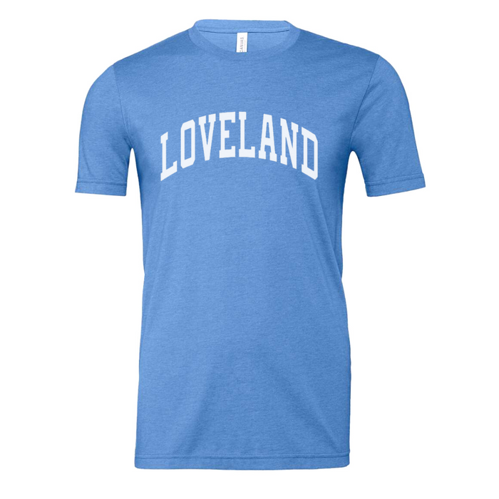 Loveland Curved Block Classic Tee on Columbia Blue-Lemons and Limes Boutique