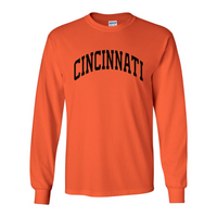 Cincinnati Black Curve Long Sleeve T-Shirt on Orange--Lemons and Limes Boutique