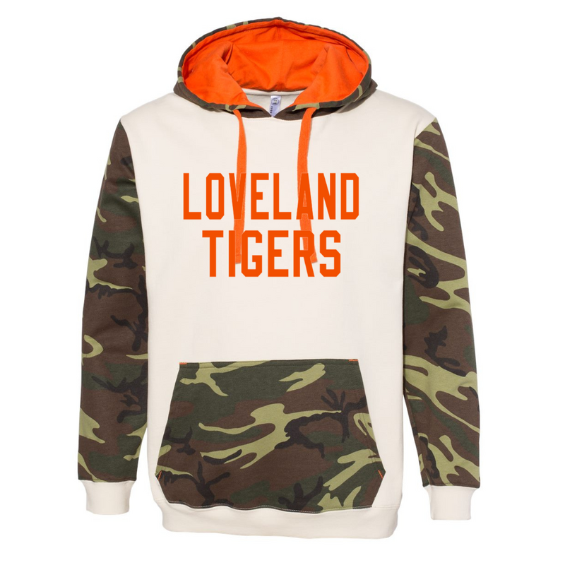 Loveland Tigers Hoodie on Camo and Cream--Lemons and Limes Boutique