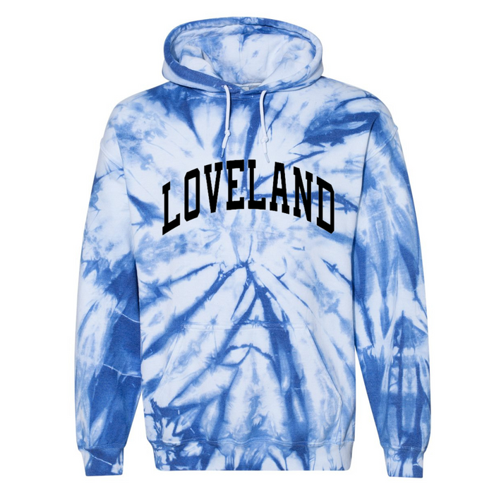 Loveland Hoodie on Blue Tie Dye--Lemons and Limes Boutique