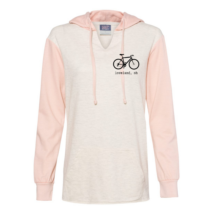 Loveland Bike Split Neck Lightweight Sweatshirt on Cameo Pink--Lemons and Limes Boutique