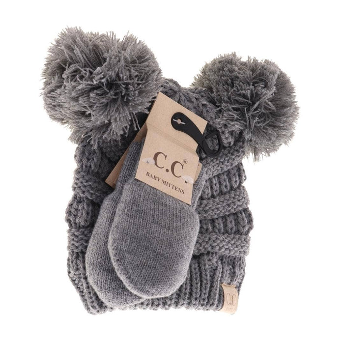 Baby Solid Knit Double Pom Hat with Mitten Set in Lt. Grey by C.C. Beanie-Lemons and Limes Boutique