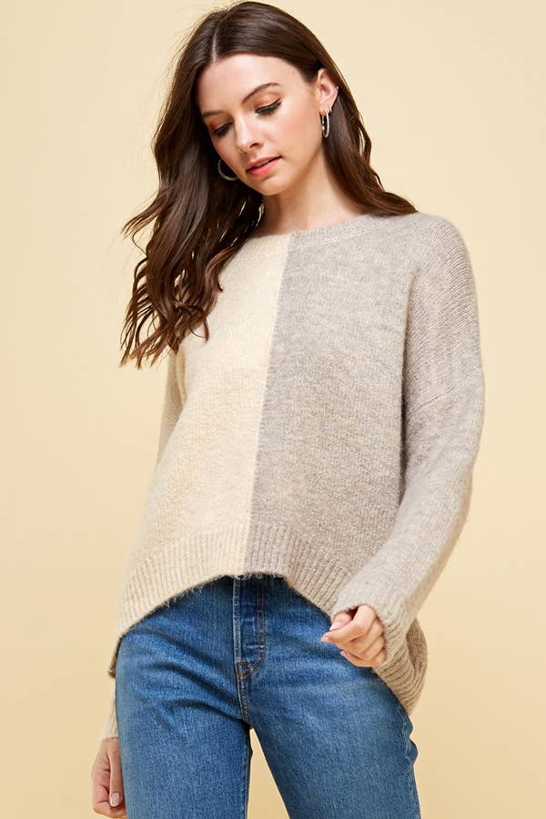 Split Colorblock Sweater in Beige Multi--Lemons and Limes Boutique