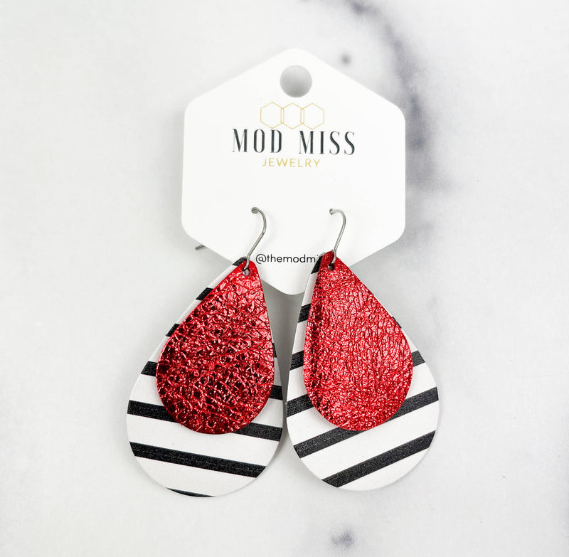 Leather Stacked Teardrop Earring "MetRed+Blk&WhtStriThick"--Lemons and Limes Boutique
