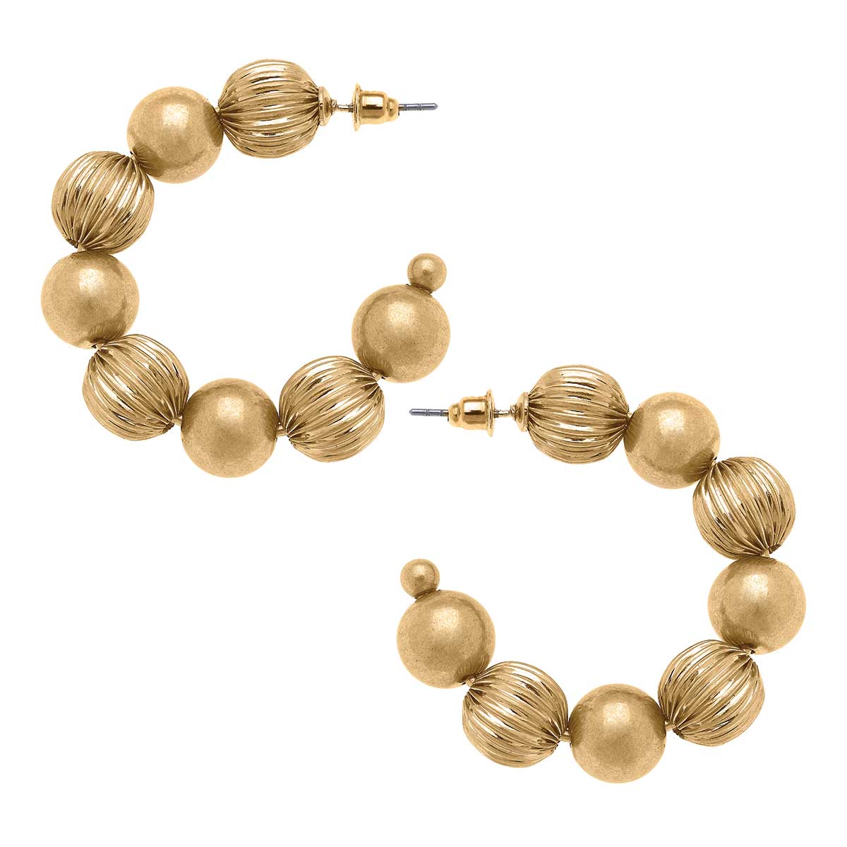 Maren Ribbed Metal Ball Bead Hoop Earrings in Worn Gold Canvas Style--Lemons and Limes Boutique