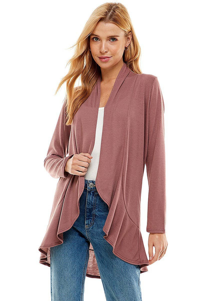 Women's Long Sleeves Ruffle Hacci Cardigan in Dusty Rose--Lemons and Limes Boutique