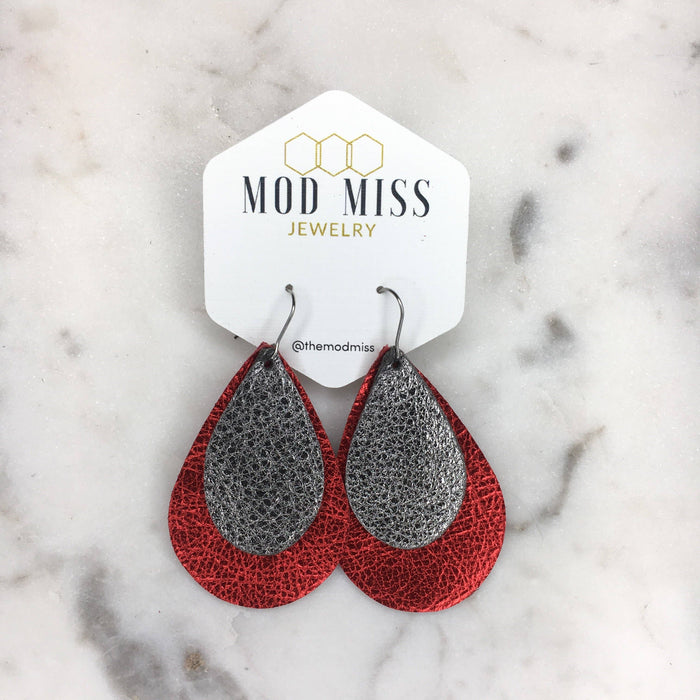 Leather Stacked Teardrop Earring 2" in Metallic Red and Metallic Gunmetal-Lemons and Limes Boutique