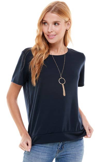Women's French Terry LooseFit Solid Top with Band in Navy--Lemons and Limes Boutique