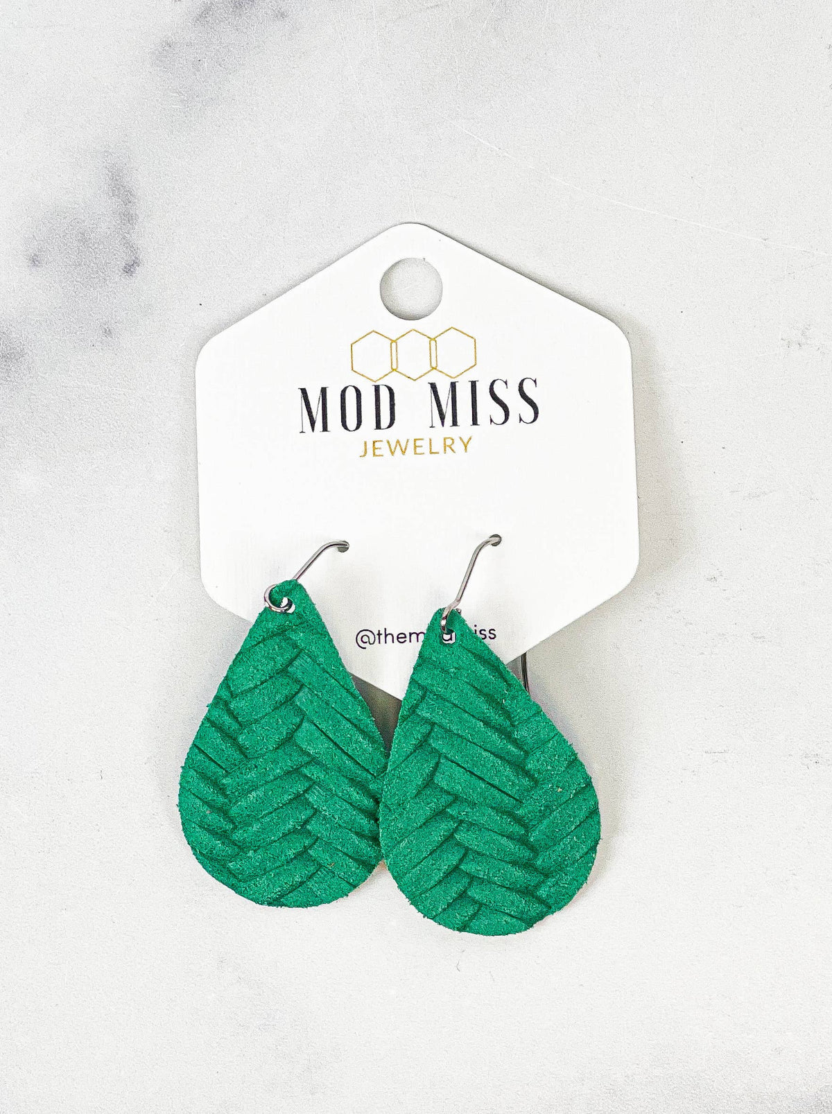 Leather Teardrop Earring "Weaved Kelly Green''--Lemons and Limes Boutique