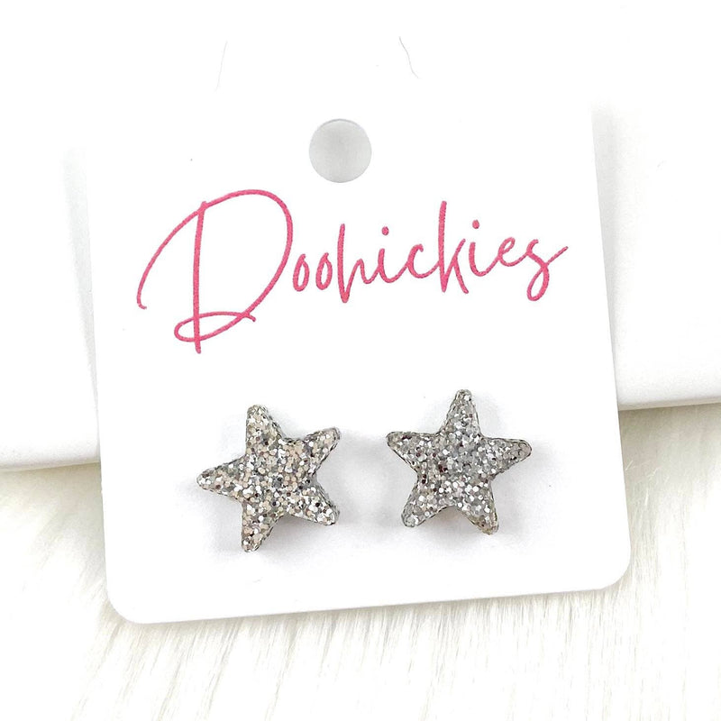 14mm Shine Bright Star Studs New Years Earrings in Glitter Silver-Lemons and Limes Boutique