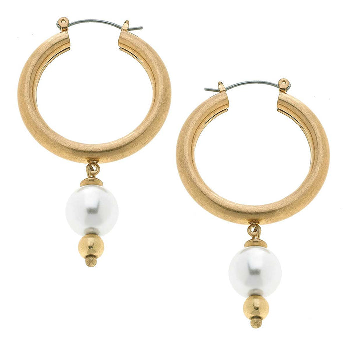 Nina Pearl Drop Hoop Earrings in Worn Gold--Lemons and Limes Boutique