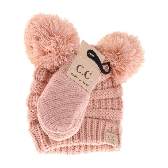 Baby Solid Knit Double Pom C.C Beanie Hat with Mitten Set in Indie Pink by C.C. Beanie-Lemons and Limes Boutique