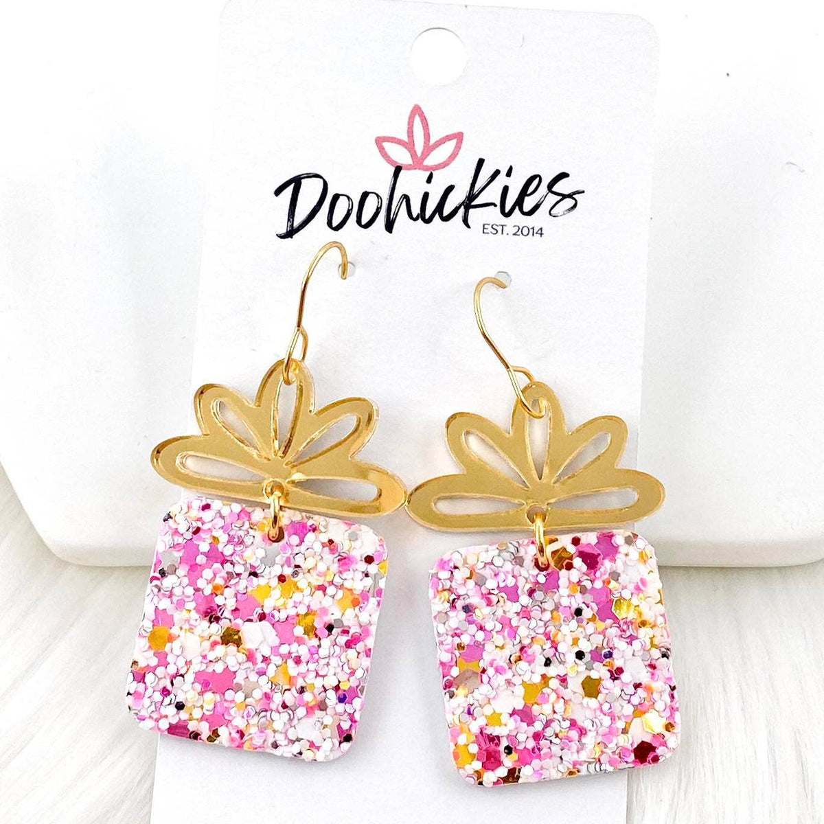 2" Gold Mirror Bow & Cotton Candy Glitter Presents Earrings-Lemons and Limes Boutique