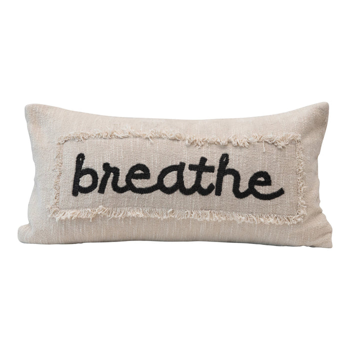 Embroidered Cotton Pillow "Breathe" w/ Eyelash Fringe, Cream & Charcoal Color-Decor-Lemons and Limes Boutique